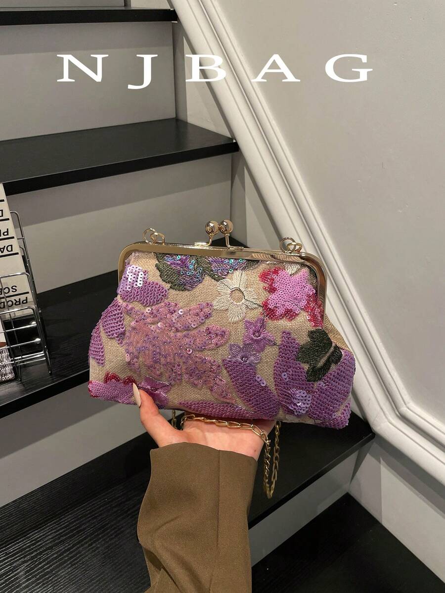 蕾絲花卉拼接圖案時尚扣飾女款手提包，優雅適合派對與購物，隨機圖案配置