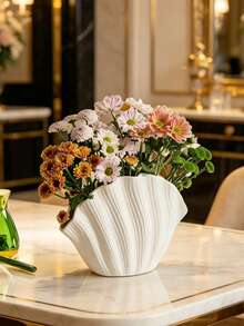 Jarrón de cerámica con forma de concha blanca, jarrón decorativo de flores con textura acanalada minimalista moderna para sala de estar, mesa de comedor y decoración del hogar - Jarrón de conchas marinas - Ver 5