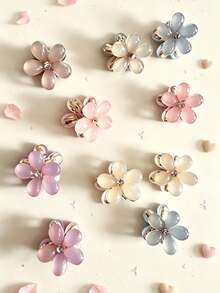 10/20pcs Random Color Combination Set Mini Flower Alloy Hair Claw Clips New Petal Design Women's Hair Clips Bangs Clips Side Hair Clips Hair Accessories Suitable For Daily Wear And Party - Multicolor - View 3