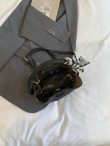 Bolso de cubo para mujer, bolso de mano elegante y versátil de unicolor a rayas negro con pañuelo, adecuado para compras y viajes, incluye una pequeña bolsa - Negro - Ver 7