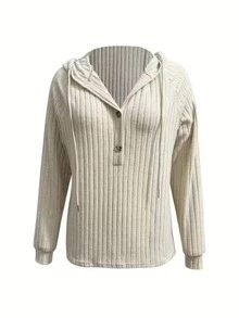 Women's Ribbed Knit Hooded Long Sleeve Top, Fashionable Autumn/Winter Casual Button-Up Shirt, Slightly Elastic Fabric - Apricot - View 3