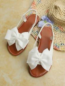 Women's Summer Cute Large Bow Design Flat Sandals, Fashionable Fitted Round Toe Open Toe Design - White - View 8