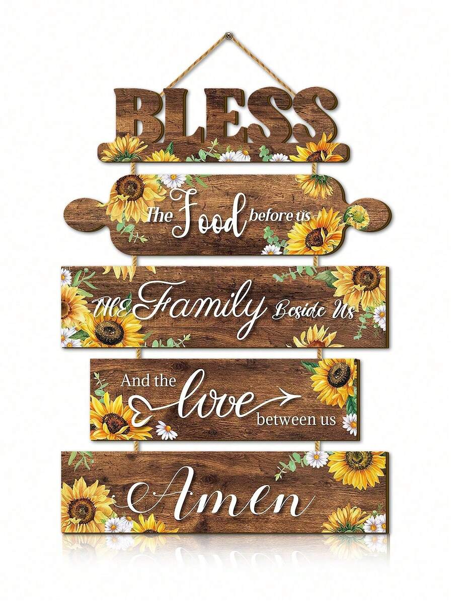 5pcs Sunflower Wooden Wall Decor Set, Rustic Style Blessing Wall Art Hanging Decoration, Dining Room Home Decor, Birthday And Graduation Gift. - Star - View 1