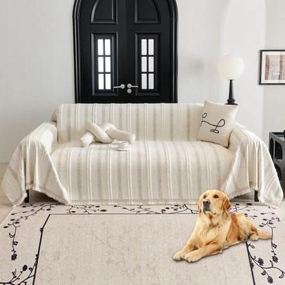 1pc All-Season Beige Chenille Jacquard Sofa Cover, Washable Tassel Sofa Blanket, Pet-Friendly Anti-Scratch Sofa Slipcover, Living Room Bedroom Sofa Decor, Home Decor Accessories, Suitable For 1/2/3/4-Seater And Sectional Sofas, Fits Various Home Decor Styles