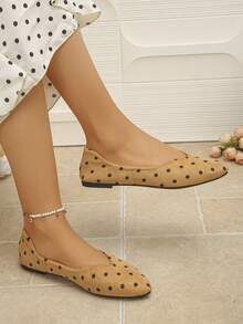 Wide Fit Women's Polka Dot Wide Toe Box Soft Sole Ballet Flats, Elegant Brown Slip-On Flat Shoes, Suitable For Spring, Autumn, Summer Daily Commute Wear - Brown - View 2