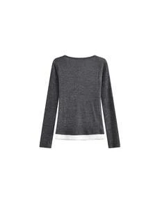 Korean Style Soft Gentle Half-Button Ribbed Knit Top, Faux Two Pieces Contrast Color Patchwork Hem, Slim Fit Flattering Long Sleeve Base Layer, Casual Versatile Autumn/Winter Women's Blouse - Grey - View 5