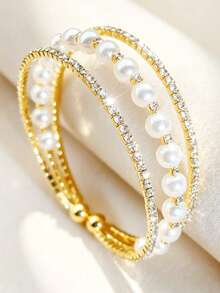 1/10pcs 3-Layer Fashion Elegant Rhinestone Inlaid Cross Shiny Bling Bling Faux Pearl Spaced Stackable Wrap Elastic Open Cuff Bracelet For Women, Party, Evening, Wedding, Gift - B3-13 - View 8