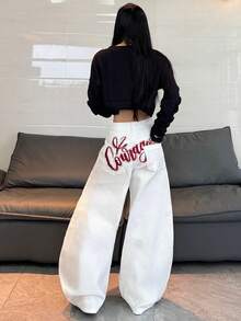 1pc American Street Style Embroidered Women's Cocoon Wide Leg Jeans, Loose Comfortable All-Season Long Pants (This Product Does Not Include Belt/Accessories) - White - View 8