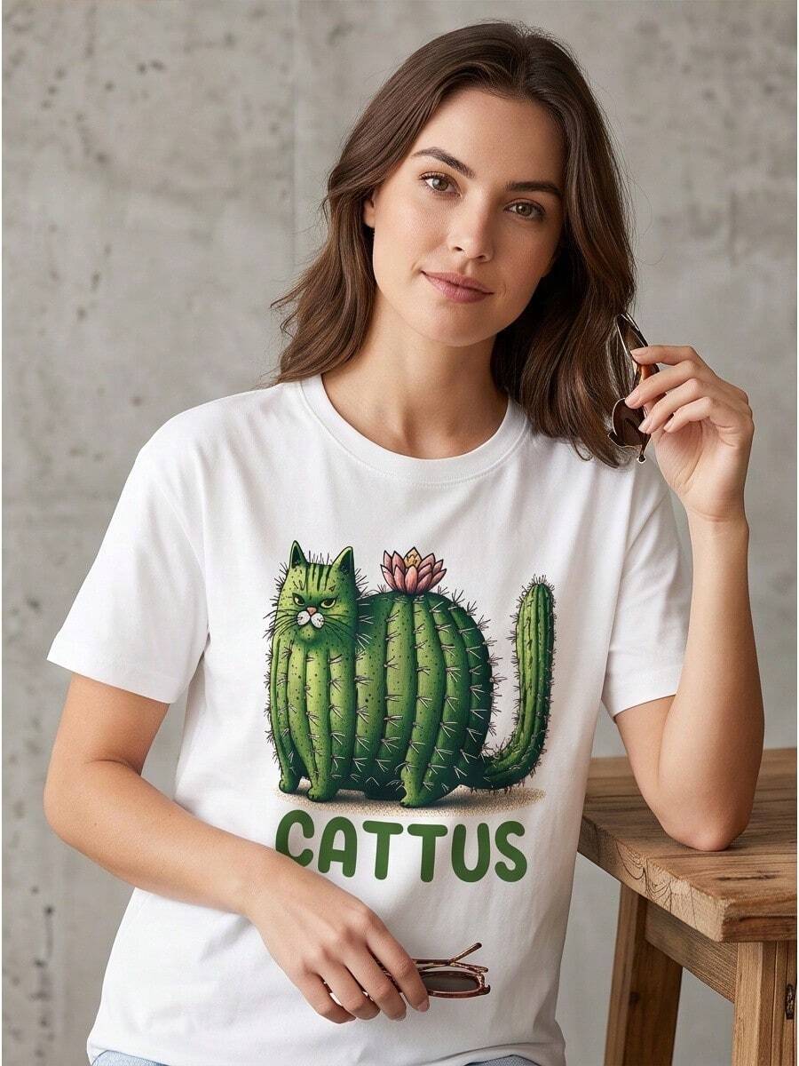 Cartoon Cat & Cactus Graphic Cotton Tee For Ladies, Crew Neck Short Sleeve All-Match Light Casual Outfit - 白色 - 查看 1