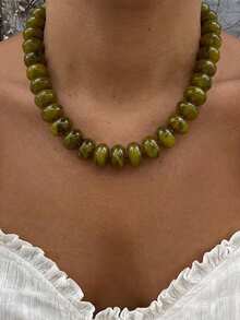 1pc Acrylic Colorful Gradient Beaded Necklace, Dopamine Accessory, Fashionable, Suitable For Daily Wear - Olive Green - View 4