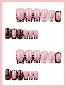 24pcs Medium Rectangle A-Shape Nude Pink Transparent Shiny Brown Leopard Print Rhinestone Nail Stickers Meilada Light European American Sweet Cool Hot Girl Style Daily Removable Self-Adhesive Fake Nails - 彩色 - 查看 2