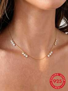 1pc S925 Sterling Silver Zirconia Inlaid Water Drop Sparkling Diamond Necklace, Minimalist Luxury Personalized Exquisite Niche Cool Aesthetic INS Style Women's Gentle Elegant Collarbone Chain, Suitable For Daily Casual Versatile Elegant Thin Neck Accessory, Vacation Party Holiday Gift - Water Droplets - View 1