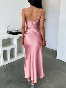 Minimal Satin Vacation Slip Midi Long Dress Graduation Commute Travel Vacation City Trip Leisure Brunch Wear - Pink - View 10