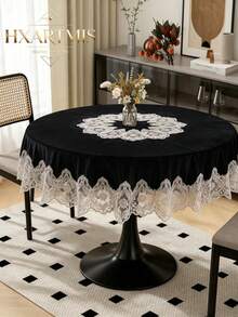HXARTMIS 1PC Black Velvet Round Tablecloth, Exquisite Embroidered Gold Thread Lace Scalloped Edge Decor Table Mat, Suitable For Dining Room, Kitchen, Wedding, Banquet, Home Decor, Dust-Proof Tablecloth - Black - View 2