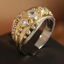 Vintage Style Asymmetrical Dual-Tone Ring With Round Synthetic Zirconia, Fashionable And Elegant Daily Accessory - Two-color - View 5