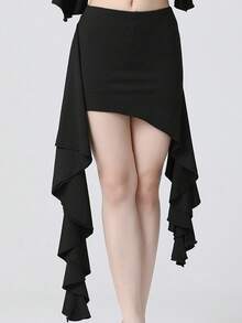 Asymmetric Draped Streamer Skirt Elastic Waist Wavy Hem Dance Skirt, Latin Belly Dance Party Performance Flowy Mini Skirt (Multiple Colors Available) - Multicolor - View 21