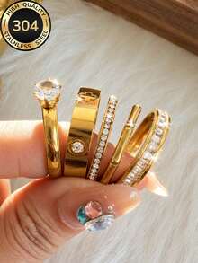 5pcs 18k Gold Plated 2026 New Style Women's Elegant Versatile Fashion Niche Stainless Steel Ring Set, Suitable For Wedding, Engagement, Promise, Bridal, Anniversary Occasions, Mother's Day, Valentine's Day, Christmas Exquisite Gift - 5-piece Set 13 - View 2