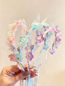 Children's Braided Hairband Flower Crown Headband For Girls, Princess Style Fairy Ribbon Hair Clip Head Accessory - 彩色 - 查看 3
