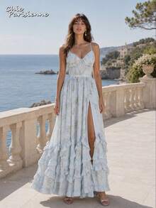 Blue Floral Chiffon V-Neck Backless Tiered A-Line Maxi Dress - 淺藍 - 查看 3
