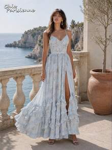Blue Floral Chiffon V-Neck Backless Tiered A-Line Maxi Dress - 淺藍 - 查看 12