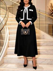 Plus Size Women's Elegant Spring To Summer 2-Piece Set, Contrast Trim Button Cardigan With Solid Color Long Dress - Black - View 5