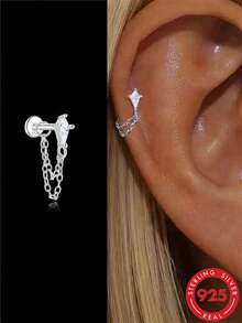 1pc 925 Sterling Silver Tassel Ear Studs For Women, Classic Cartilage Ear Bone Studs With Flat Back, Exquisite Jewelry For Daily Wear And Party - Silver - View 2