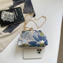 蕾絲花卉拼接圖案時尚扣飾女款手提包，優雅適合派對與購物，隨機圖案配置 - 藍色 - 查看 4