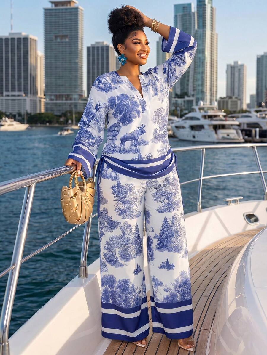BIUBIU Damen Chic Toile Muster Große Größen Co-Ord Set V-Ausschnitt Aufrollbare Ärmel Kordelzug Top & Weite Hose, Perfektes Sommer Kreuzfahrt Outfit Elegant - Blau - Übersicht 1