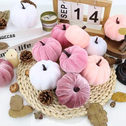 12pcs Pink Faux Velvet Mini Pumpkins, Fabric Foam Decorative Pumpkins For Autumn Halloween Thanksgiving Table Centerpiece, Wedding Home Farmhouse Party Decor