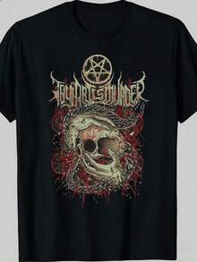 Camiseta negra con diseño de calavera y pentagrama para fans del metal y entusiastas del estilo gótico, cuello redondo informal, tela ligeramente elástica, corte regular, estampado, perfecta - Negro - Ver 1