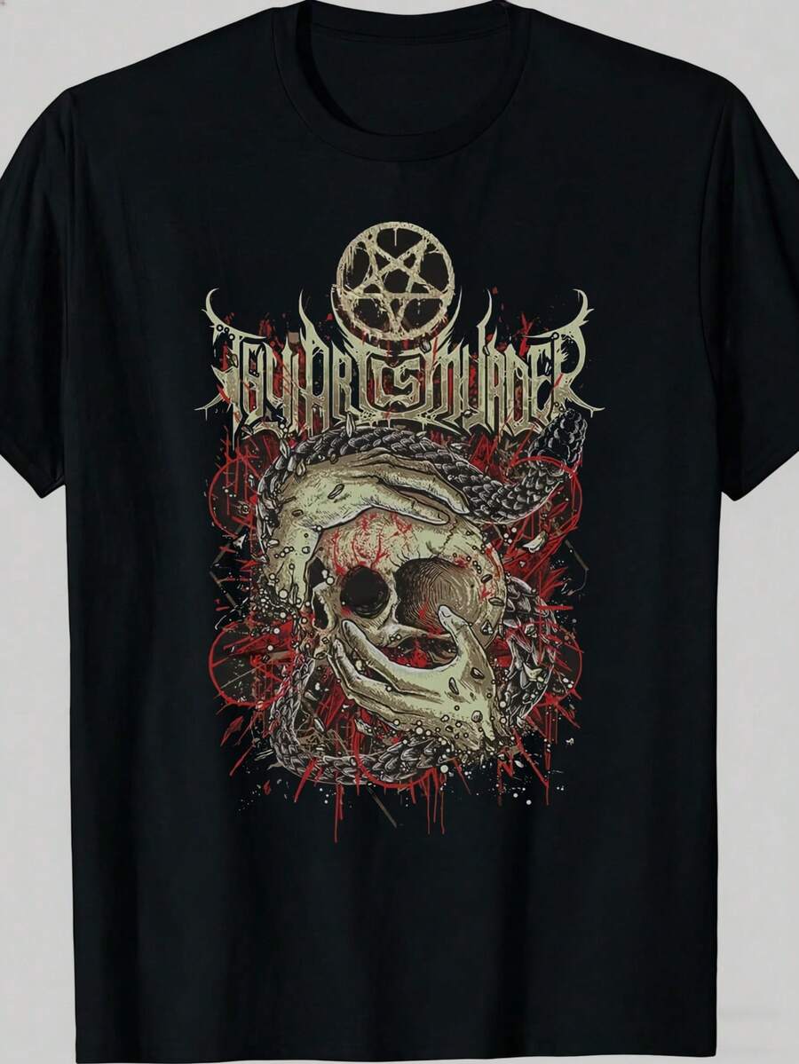 Camiseta negra con diseño de calavera y pentagrama para fans del metal y entusiastas del estilo gótico, cuello redondo informal, tela ligeramente elástica, corte regular, estampado, perfecta - Negro - Ver 1