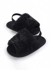 Sandal Selop Bayi Berwarna Hitam Berbahan Plush, Sandal Balita dengan Tali Tumit Elastis dan Sol Lembut Anti Selip untuk Musim Semi dan Gugur, Sepatu Rumah Dalam Ruangan - Hitam - View 5