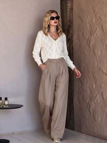 Women's Minimalist Straight Leg Ruffle Hem Pants, Suitable For Commuting, Fashion Casual, Suitable For Vacation Or Dating - Light Mocha - View 6