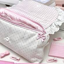 Back To School Supplies Cute Pink Storage Bag, Compact Multi-Functional Organizer Bag With Flap. Perfect For Storing Coins, Cards, Notes, Pens And Small Items. Soft Fabric With Delicate Lace Trim, Ideal For School, Office Organization, Travel, Learning Supplies, Premium Color - Pink Pencil Case - View 3