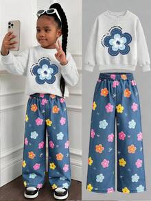 2pcs/Set Girls' Round Neck Sweatshirt And Denim Like Floral Bow Wide Leg Pants Outfit, Printed Denim Like Floral Round Neck Sweatshirt + Denim Like Floral Bow Wide Leg Pants Matching Set, Suitable For Autumn/Winter Daily Wear - Multicolor - View 10