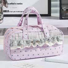 1pc Handheld Black Polka Dot Pencil Bag With Lace Ruffle Trim, 4-Layers Soft Handle Portable Stationery Case, For Student Study, Desktop Storage, Educational Gift, Back-To-School Season - Pencil Case - View 13