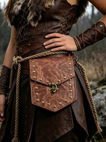 1pc Viking Style Medieval Waist Bag With Textured Design - Brown/Black Renaissance Coin Purse And Dice Pouch, Perfect For LARP, Halloween, Thanksgiving And Christmas Cosplay Costume Props, Gothic Wallet - ZSJ - View 9
