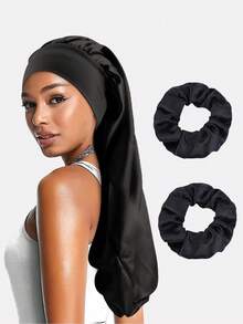 1pc Women's Faux Silk Long Sleeve Sleep Cap, Long Braid Hair Protection Bonnet, Headscarf Hat Suitable For Daily Use - Skin Powder - View 29
