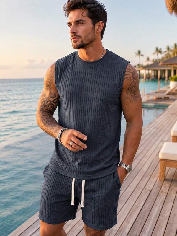 2 pièces/Ensemble Débardeur sans manches à rayures verticales bleues & Short pour hommes, tenue décontractée texturée et respirante, style vacances, lavable en machine, convient pour les vacances d'été à Hawaï, coupe ample polyvalente, pour lui
