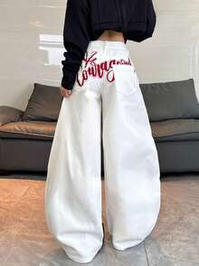 1pc American Street Style Embroidered Women's Cocoon Wide Leg Jeans, Loose Comfortable All-Season Long Pants (This Product Does Not Include Belt/Accessories) - White - View 7
