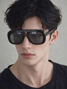 1 Pasang Kacamata Pria Hitam Model Aviator Jembatan Ganda Bingkai Tebal Gaya Retro - Hitam - View 1