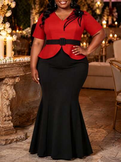 Plus Size Women's Summer Elegant Two Pieces Set, Red Ruffle Trim Top With Floral Belt Accent, Black Mermaid Maxi Skirt, Suitable For Formal Occasions