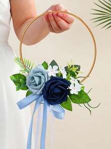 1pc Metal Floral Wreath, Suitable For Wedding Bride, Bridesmaid Handheld Silk Flower Wreath, Bride Handheld Artificial Rose Bouquet - Multicolor - View 11