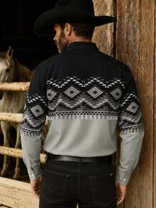 Men's Vintage Western Style Contrast Color Long Sleeve Shirt, Black Collar, Blue & White Geometric Print Patchwork Design Sports - Light Grey - View 2