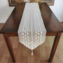 1PCPolyester, Hand Crocheted Look, Geometric Small Diamond Pattern, Delicate Openwork, Bohemian Style Tablecloth, Table Runner, Placemat, Table Cover, Fireplace Throw Perfect For Home Decor, Family Gatherings, Holiday Decorations, And Outdoor Picnics - Khaki - View 5