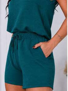 Women's Loose Tank Top With Wide Straps + Shorts Set, Elegant Casual Luxury Outfit - 石油綠 - 查看 4