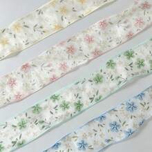 2碼透明雪紡花卉印花紋理緞帶，婚禮花束裝飾緞帶，適用於手工花束、禮物包裝、派對裝飾、花藝設計、手工DIY蝴蝶結禮物緞帶，觸感滑順，活動裝飾 - 1件 綠色 - 查看 5