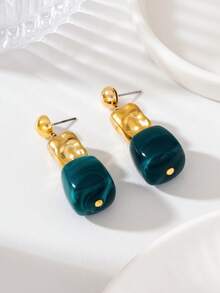 Dark Green Square Bead With Gold Beaded Earrings - Dark Green With Gold - View 16