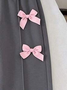 Toddler Fashion Digital Print Crew Neck Long Sleeve Top And Wide Leg Pants With Bow Decor, Autumn/Winter - Grey - View 4