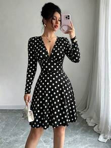 Women's Vintage Polka Dot Deep V-Neck Short Dress, Ruched Long Sleeve A-Line Flared Hem Mini Skirt, Elegant Autumn Fashion - Black - View 2